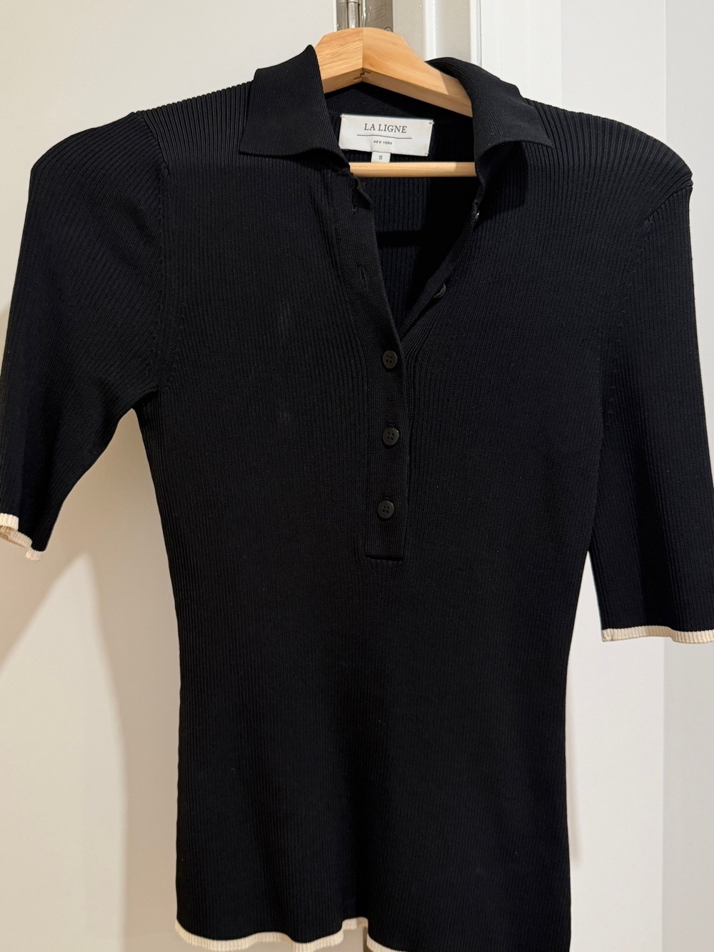 La Ligne Black Ribbed Polo Top with Cream Trim